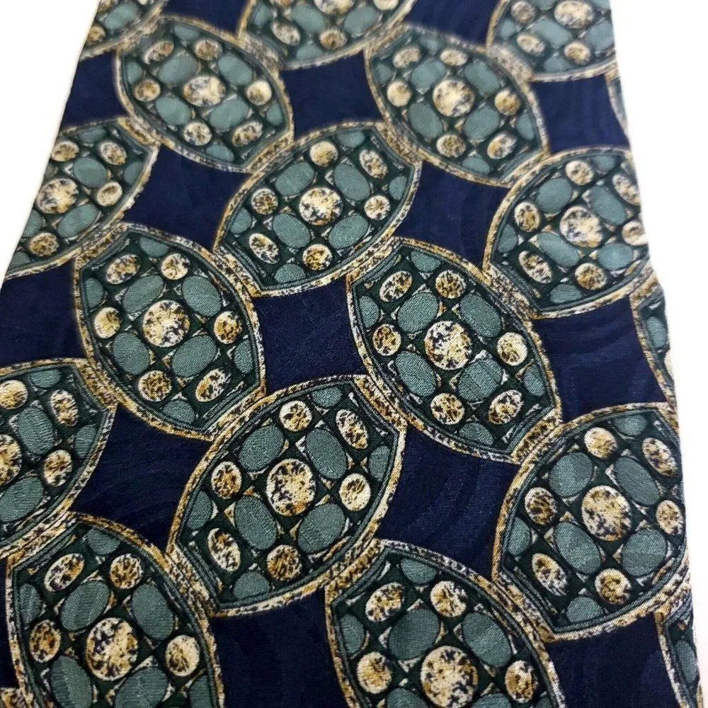 Guy Laroche Green Blue Abstract Geometric Print‎ Short Wide Silk Tie